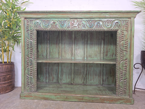 Vintage Indian Green Hand Carved Solid Wooden Bookcase Shelves Tv Unit