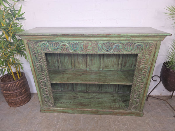 Vintage Indian Green Hand Carved Solid Wooden Bookcase Shelves Tv Unit