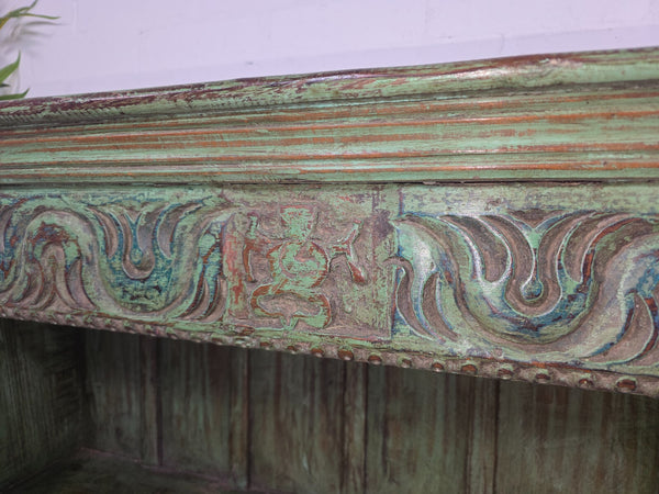 Vintage Indian Green Hand Carved Solid Wooden Bookcase Shelves Tv Unit
