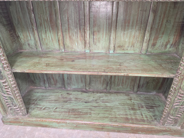 Vintage Indian Green Hand Carved Solid Wooden Bookcase Shelves Tv Unit