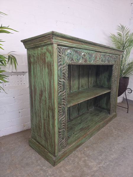 Vintage Indian Green Hand Carved Solid Wooden Bookcase Shelves Tv Unit