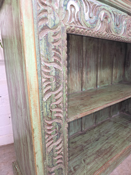 Vintage Indian Green Hand Carved Solid Wooden Bookcase Shelves Tv Unit