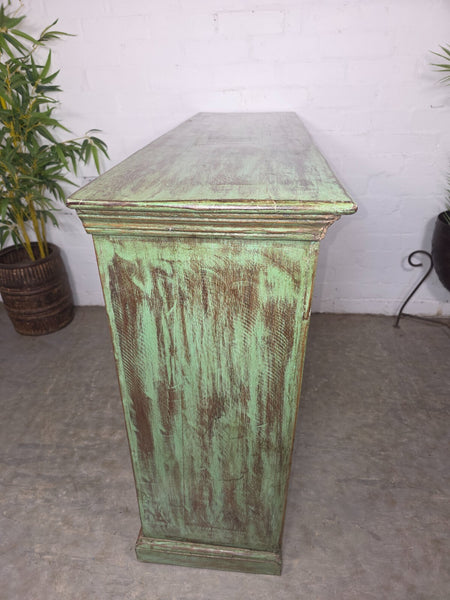Vintage Indian Green Hand Carved Solid Wooden Bookcase Shelves Tv Unit