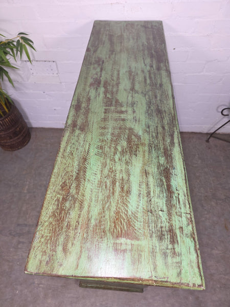 Vintage Indian Green Hand Carved Solid Wooden Bookcase Shelves Tv Unit