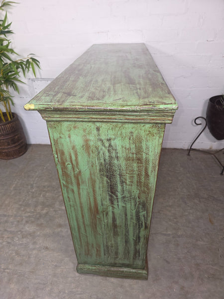 Vintage Indian Green Hand Carved Solid Wooden Bookcase Shelves Tv Unit