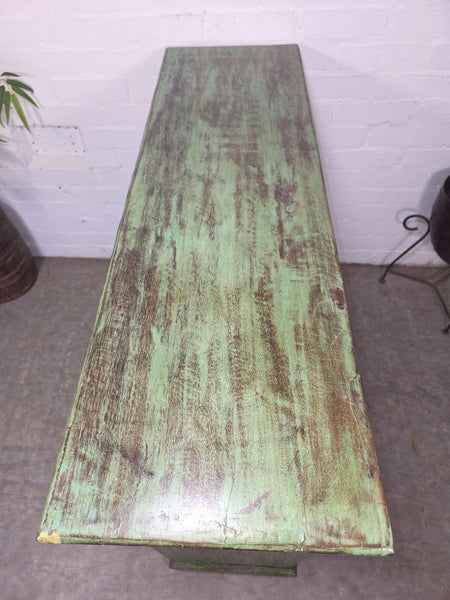 Vintage Indian Green Hand Carved Solid Wooden Bookcase Shelves Tv Unit
