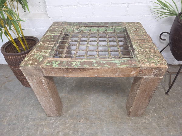 Vintage Reclaimed Indian Solid Wooden Iron Lattice Coffee Side Table Plant Stand