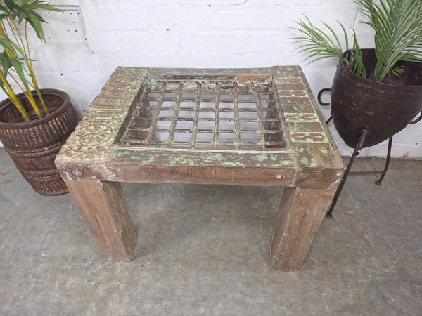 Vintage Reclaimed Indian Solid Wooden Iron Lattice Coffee Side Table Plant Stand