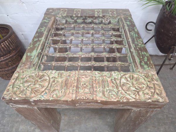 Vintage Reclaimed Indian Solid Wooden Iron Lattice Coffee Side Table Plant Stand
