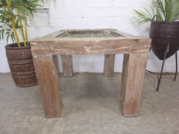 Vintage Reclaimed Indian Solid Wooden Iron Lattice Coffee Side Table Plant Stand