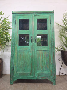 Vintage Indian Glazed Green Wooden Kitchen Bathroom Drinks Display Cabinet
