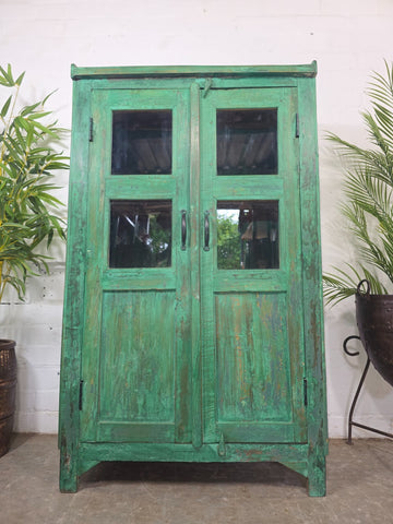 Vintage Indian Glazed Green Wooden Kitchen Bathroom Drinks Display Cabinet
