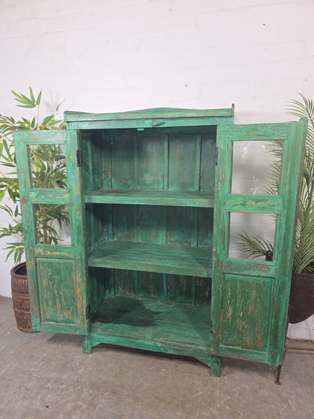 Vintage Indian Glazed Green Wooden Kitchen Bathroom Drinks Display Cabinet