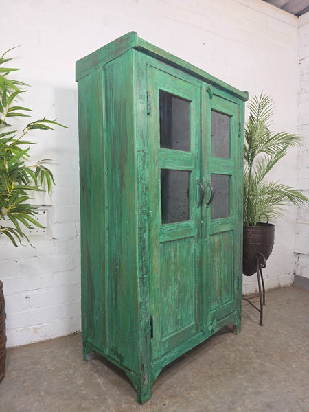 Vintage Indian Glazed Green Wooden Kitchen Bathroom Drinks Display Cabinet