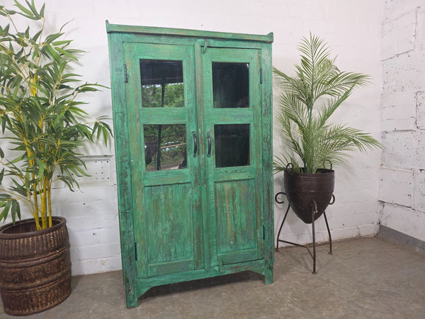 Vintage Indian Glazed Green Wooden Kitchen Bathroom Drinks Display Cabinet