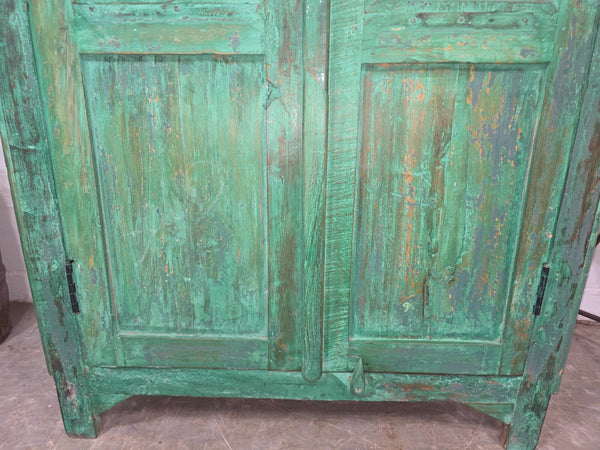 Vintage Indian Glazed Green Wooden Kitchen Bathroom Drinks Display Cabinet