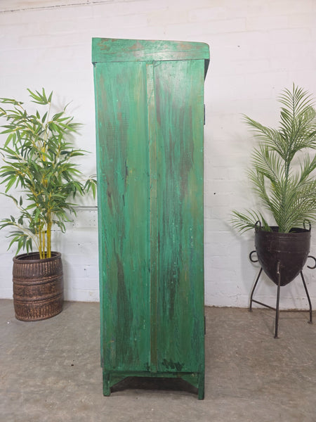 Vintage Indian Glazed Green Wooden Kitchen Bathroom Drinks Display Cabinet