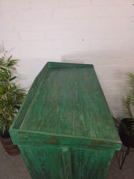 Vintage Indian Glazed Green Wooden Kitchen Bathroom Drinks Display Cabinet