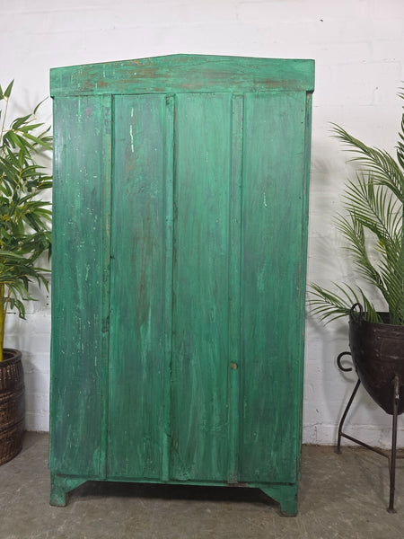 Vintage Indian Glazed Green Wooden Kitchen Bathroom Drinks Display Cabinet
