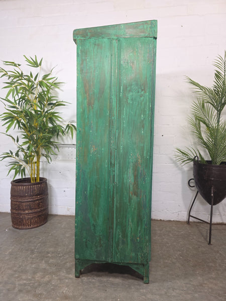Vintage Indian Glazed Green Wooden Kitchen Bathroom Drinks Display Cabinet