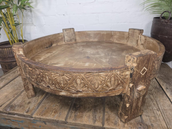 Antique Vintage Wooden Indian Furniture Spice Grinding Chakki Low Coffee Table