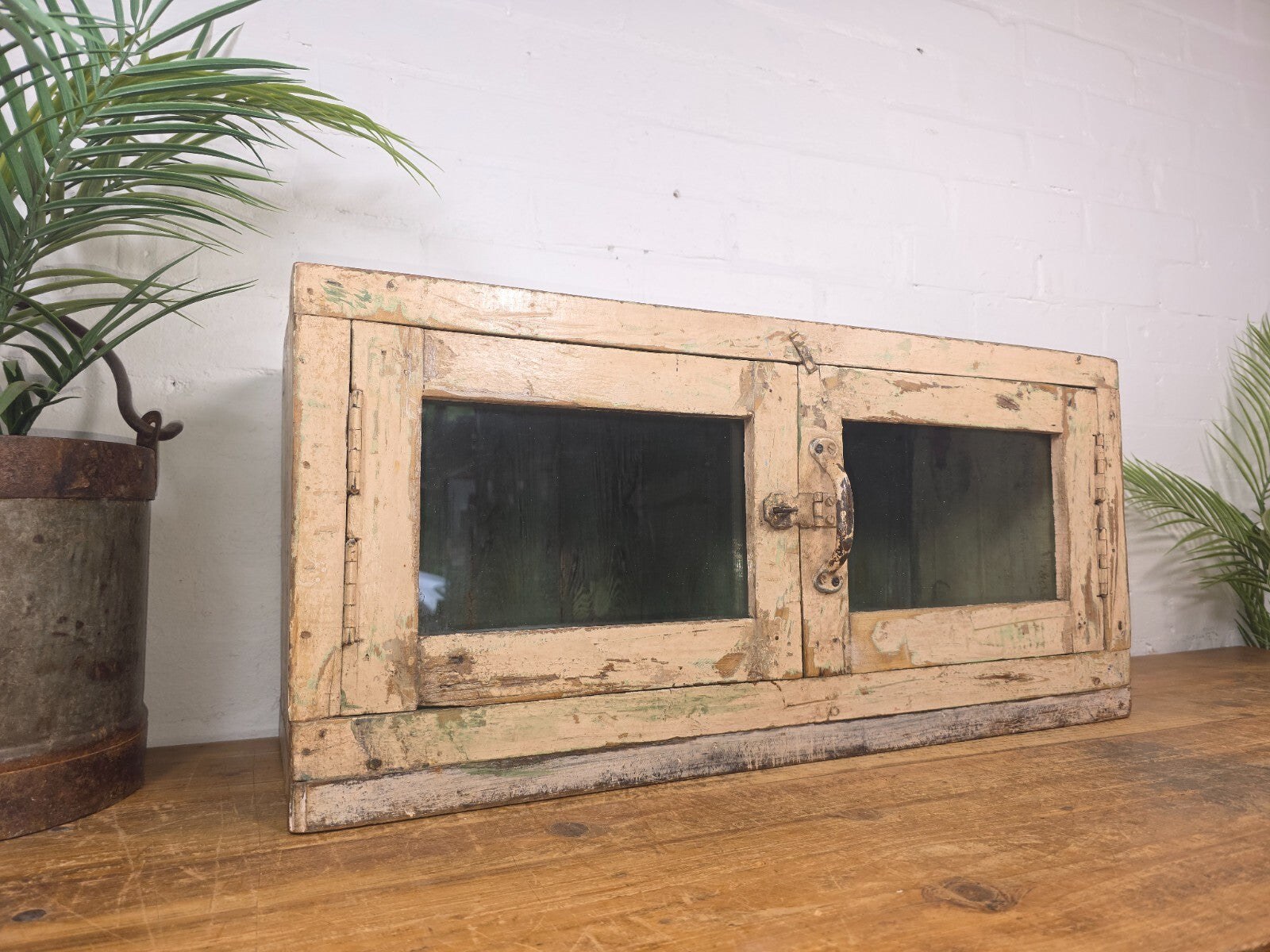 Vintage Rustic Indian Wooden Glazed Shop Counter Top Display Case Cabinet
