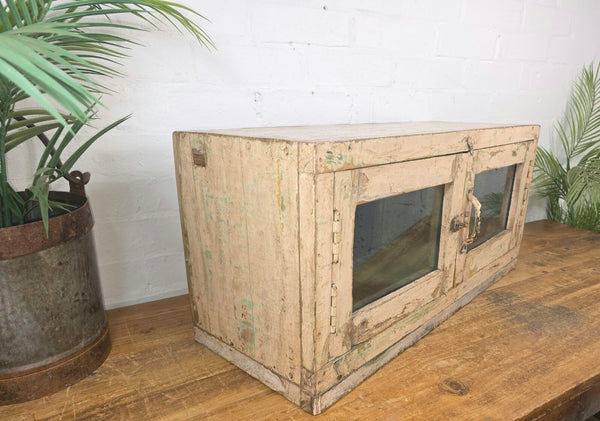 Vintage Rustic Indian Wooden Glazed Shop Counter Top Display Case Cabinet