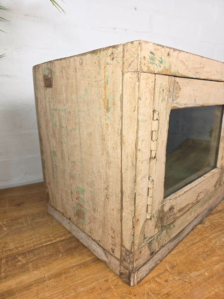 Vintage Rustic Indian Wooden Glazed Shop Counter Top Display Case Cabinet