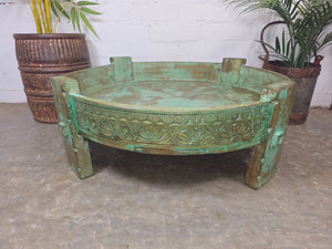 Antique Vintage Wooden Indian Furniture Spice Grinding Chakki Low Coffee Table
