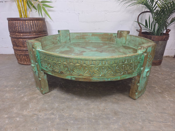 Antique Vintage Wooden Indian Furniture Spice Grinding Chakki Low Coffee Table
