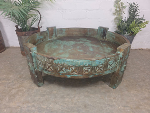 Antique Vintage Wooden Indian Furniture Spice Grinding Chakki Low Coffee Table