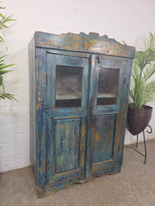 Vintage Indian Glazed Blue Wooden Kitchen Bathroom Drinks Display Cabinet