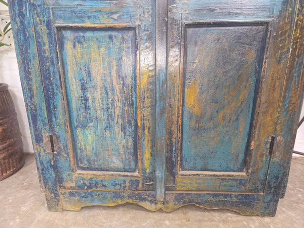 Vintage Indian Glazed Blue Wooden Kitchen Bathroom Drinks Display Cabinet