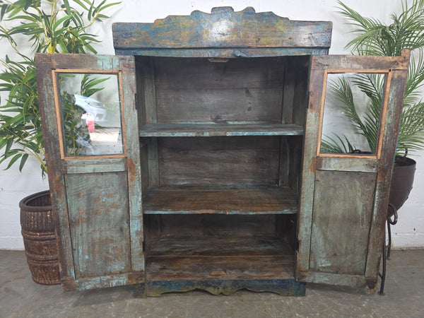 Vintage Indian Glazed Blue Wooden Kitchen Bathroom Drinks Display Cabinet