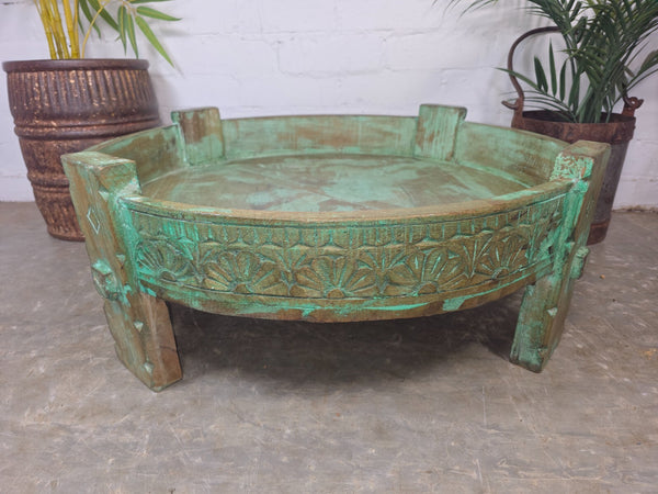 Antique Vintage Wooden Indian Furniture Spice Grinding Chakki Low Coffee Table