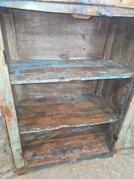 Vintage Indian Glazed Blue Wooden Kitchen Bathroom Drinks Display Cabinet
