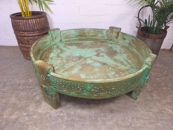 Antique Vintage Wooden Indian Furniture Spice Grinding Chakki Low Coffee Table
