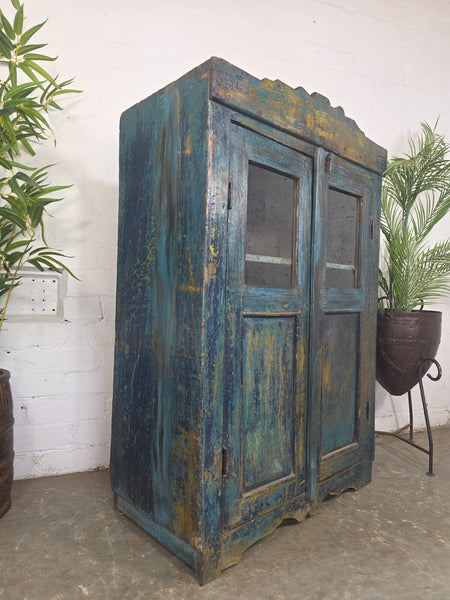 Vintage Indian Glazed Blue Wooden Kitchen Bathroom Drinks Display Cabinet
