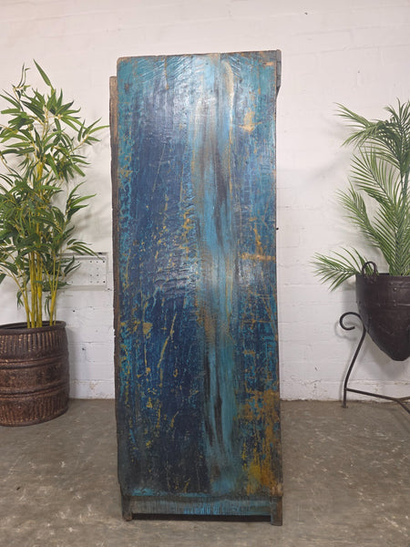 Vintage Indian Glazed Blue Wooden Kitchen Bathroom Drinks Display Cabinet