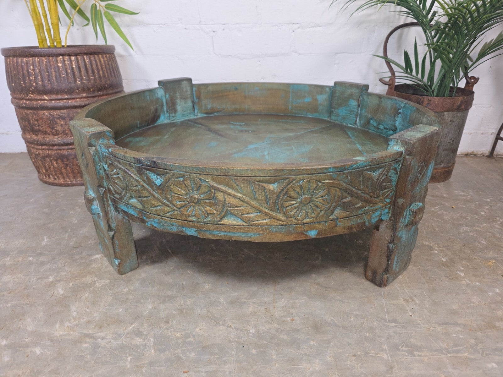 Antique Vintage Wooden Indian Furniture Spice Grinding Chakki Low Coffee Table