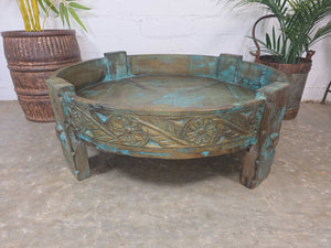 Antique Vintage Wooden Indian Furniture Spice Grinding Chakki Low Coffee Table
