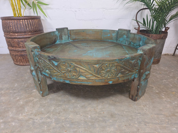 Antique Vintage Wooden Indian Furniture Spice Grinding Chakki Low Coffee Table