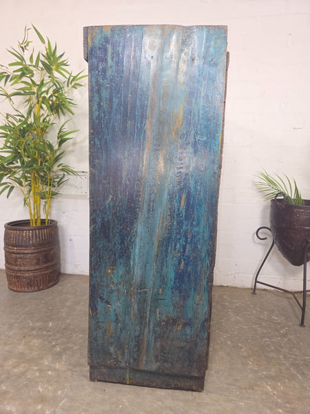 Vintage Indian Glazed Blue Wooden Kitchen Bathroom Drinks Display Cabinet