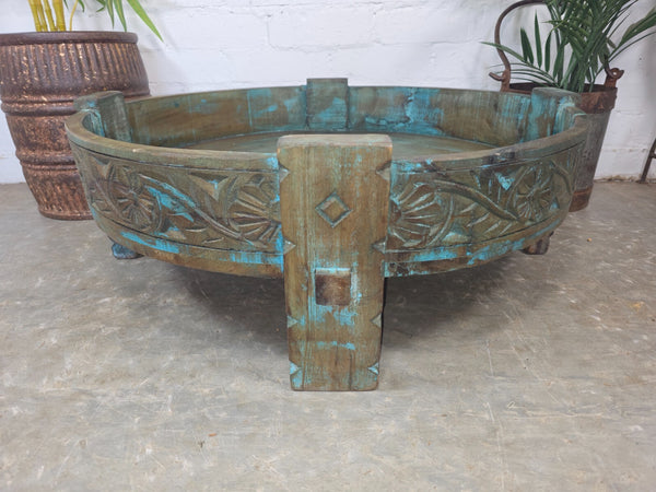 Antique Vintage Wooden Indian Furniture Spice Grinding Chakki Low Coffee Table