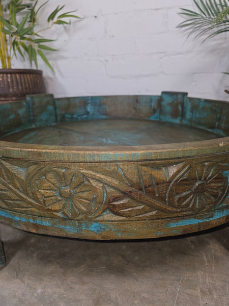Antique Vintage Wooden Indian Furniture Spice Grinding Chakki Low Coffee Table
