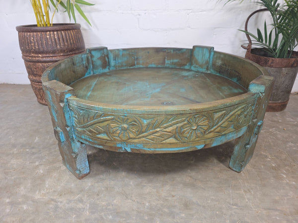Antique Vintage Wooden Indian Furniture Spice Grinding Chakki Low Coffee Table