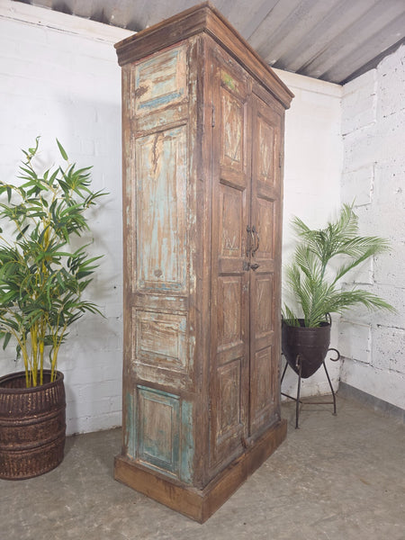 Vintage Reclaimed Indian Solid Wooden Armoire Linen Cupboard Wardrobe