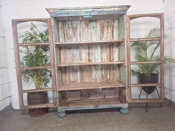 Large Vintage Indian Blue Glazed Wooden Kitchen Bathroom Drinks Display Cabinet