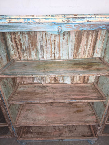 Large Vintage Indian Blue Glazed Wooden Kitchen Bathroom Drinks Display Cabinet