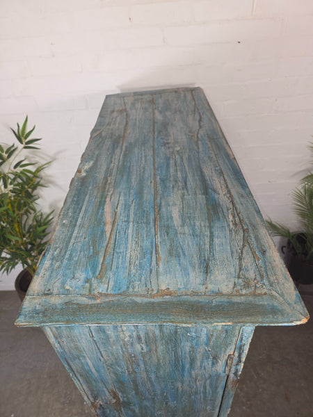 Large Vintage Indian Blue Glazed Wooden Kitchen Bathroom Drinks Display Cabinet